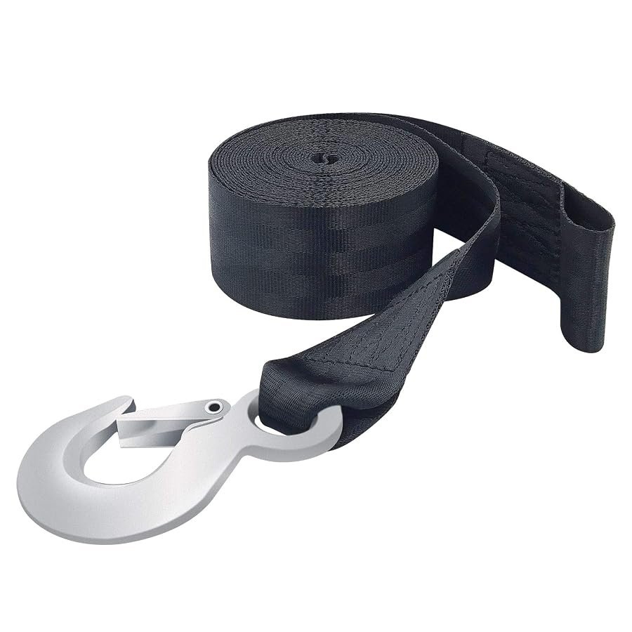 Black tow strap with metal hooks at both ends, 2 inches wide by 20 feet.