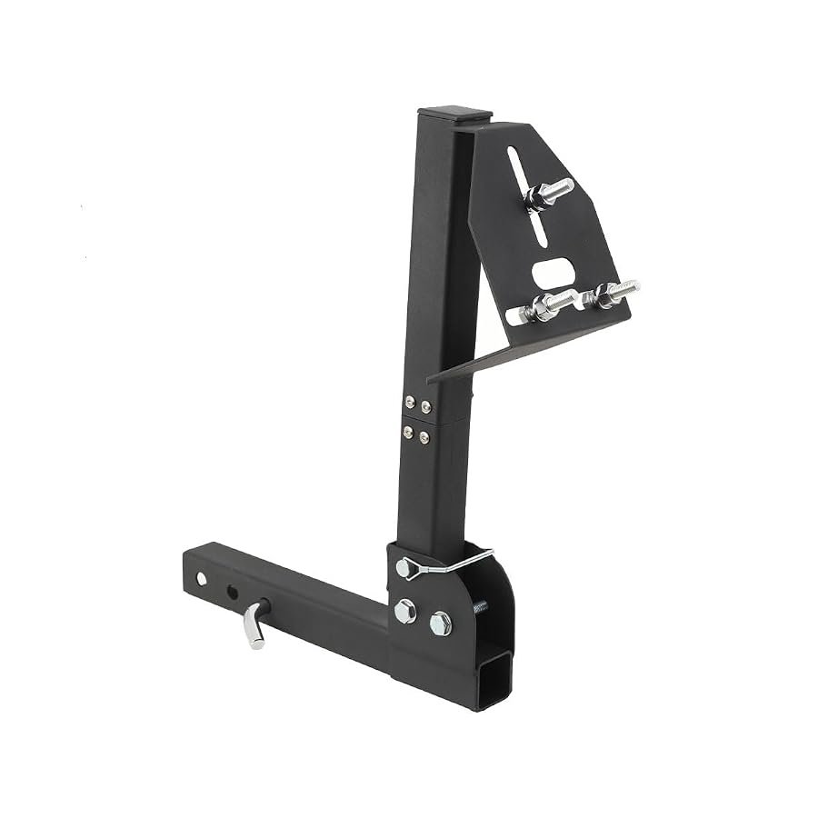 Hitch mount spare tire carrier for UTV, fits 2 inch receiver, holds one wheel.
