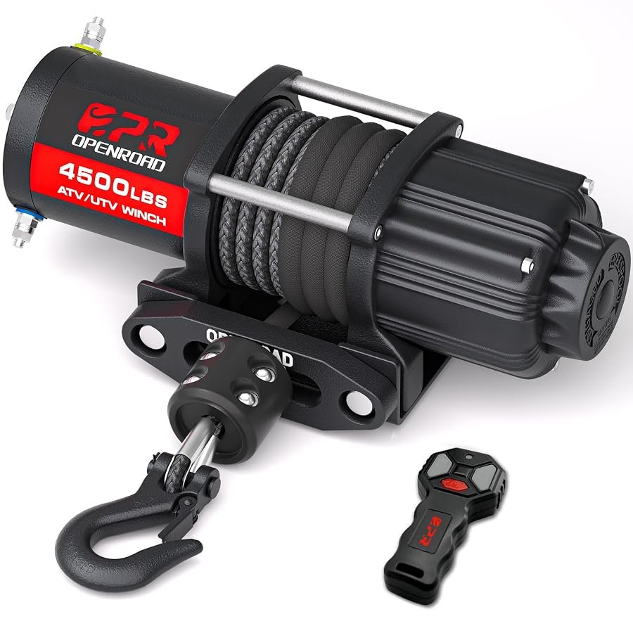 OPENROAD 4500 lb IP67 winch with 50 feet of grey synthetic rope and remote.