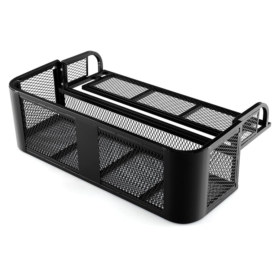 Goplus detachable ATV rear drop basket rack with steel mesh surface.