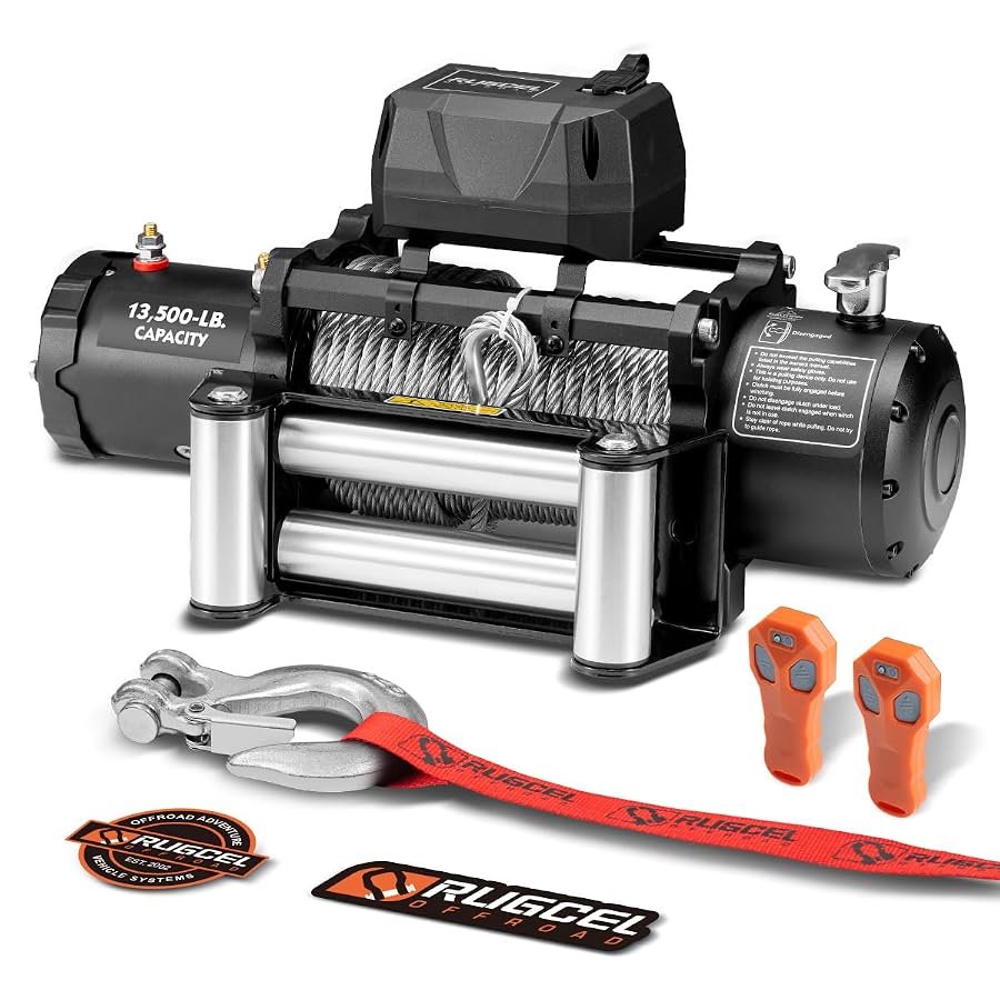 RUGCEL 13500 lb 12V truck winch with steel rope, roller fairlead and remotes.