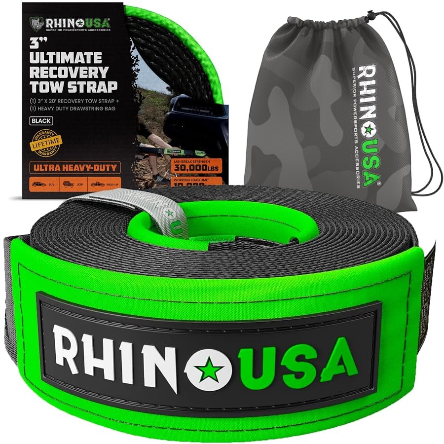 Rhino USA recovery tow strap, 3 inches wide by 20 feet, with reinforced loops.