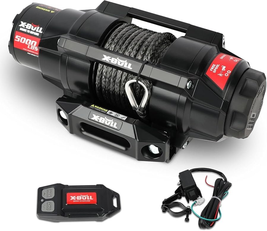 X-BULL 5000 lb 12V winch with synthetic rope, hawse fairlead and two remotes.