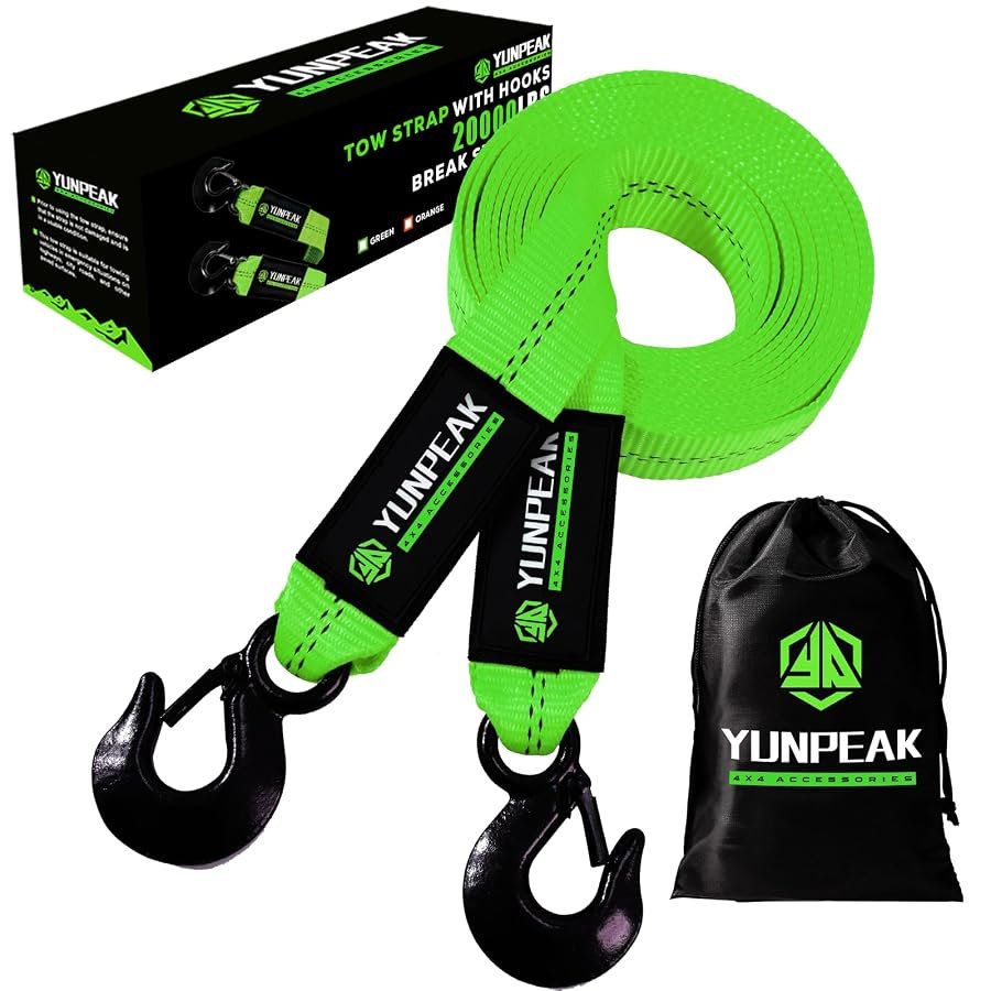 YUNPEAK tow strap with hooks at both ends, 2 inches wide by 20 feet.