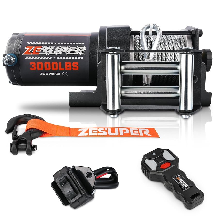 ZESUPER 3000 lb 12V electric winch with steel cable, drum and hook.