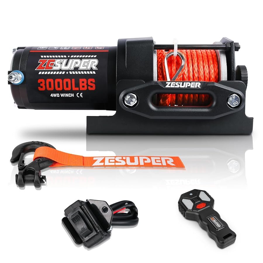 ZESUPER 3000 lb 12V winch with synthetic rope, wireless remote and mounting bracket.