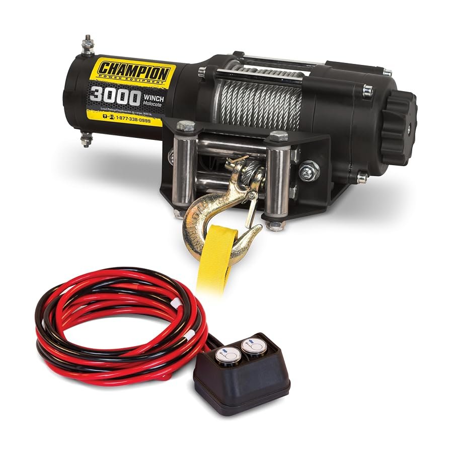 Champion Power Equipment 13004 winch kit rated 3000 pounds, with drum and hook.