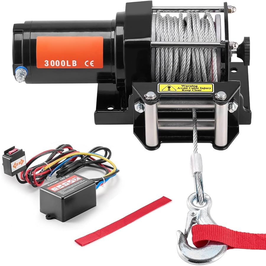 Uargd 3000 lb 12V winch with steel cable, roller fairlead and wired remote control.