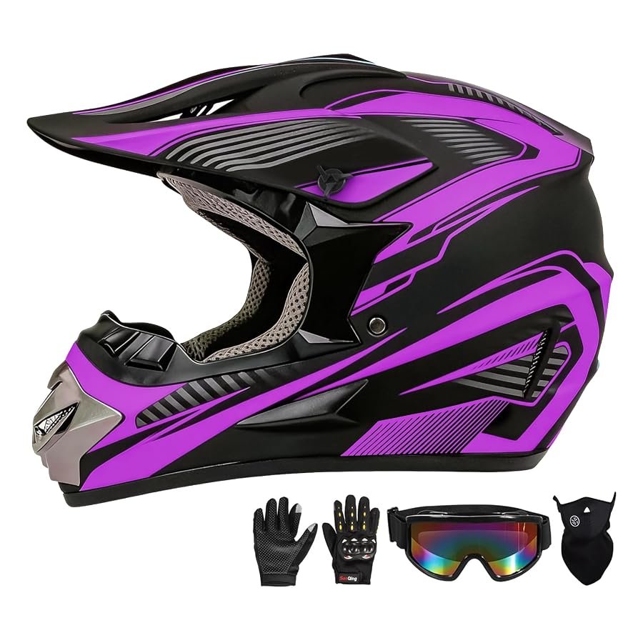 Purple youth motocross helmet with peak visor