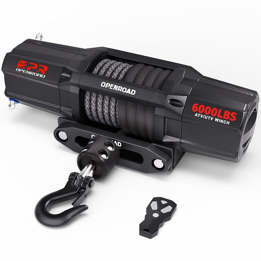 OPENROAD 6000 lb 12V UTV winch with synthetic rope, wireless remote and stopper.