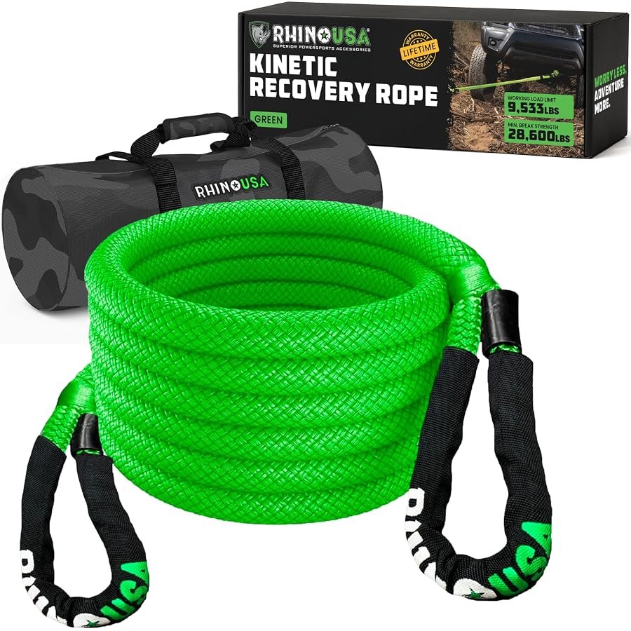 Rhino USA kinetic recovery rope, 7/8 inch by 20 feet, coiled snatch strap.