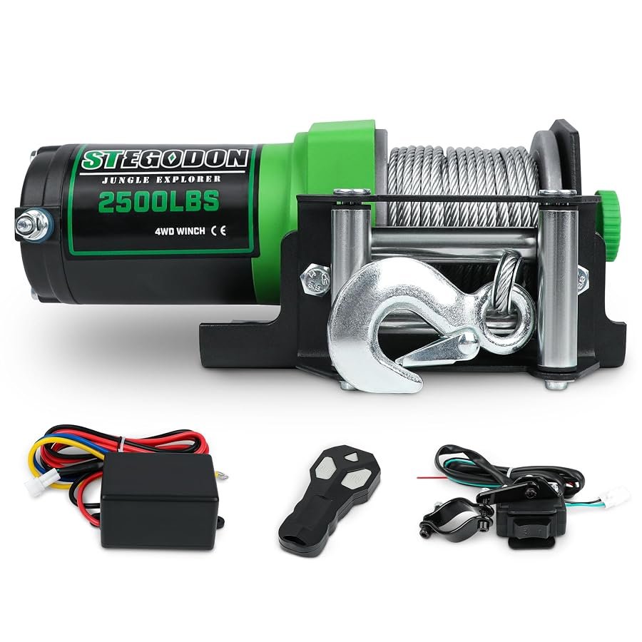 STEGODON 2500 lb 12V ATV winch with steel cable, wired remote and wireless remote.