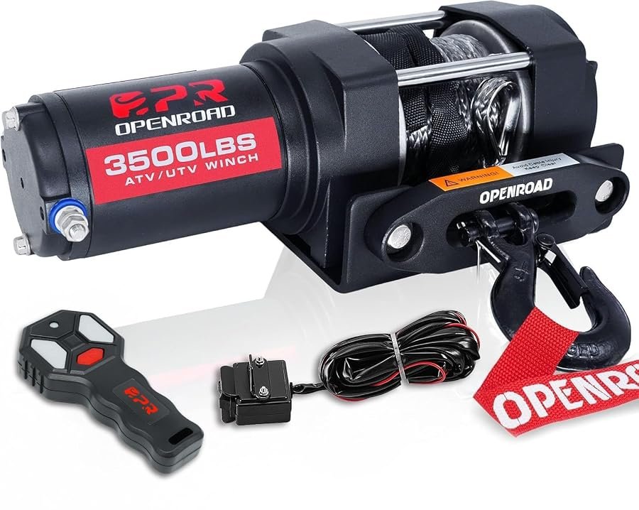 Black OPENROAD 3500 lb electric ATV winch with synthetic rope, hook and mounting plate.