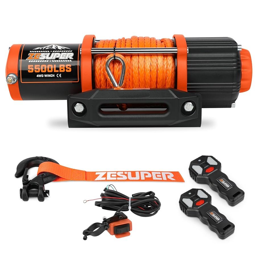 ZESUPER 5500 lb 12V winch with 50 feet of synthetic rope for ATV and UTV.
