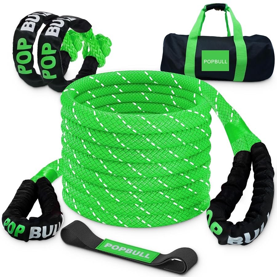 Green kinetic recovery rope, 1 inch by 30 feet, coiled with two soft shackles.