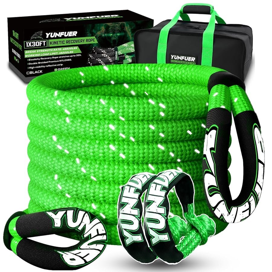 Reflective kinetic recovery rope, 1 inch by 30 feet, with two UHMWPE soft shackles.