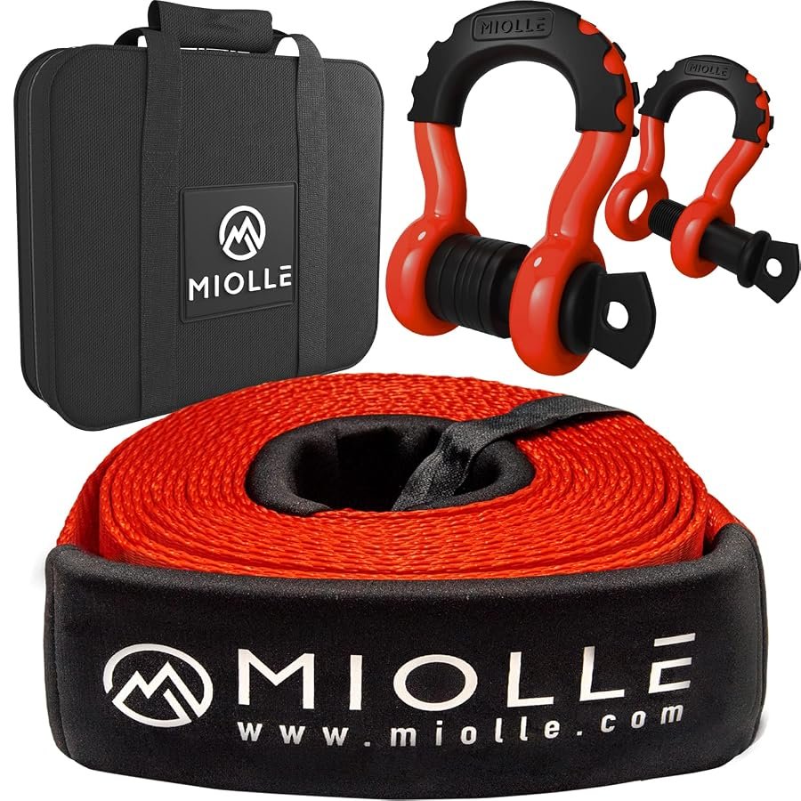 Miolle recovery kit with 3 inch by 20 foot strap, two D ring shackles and case.