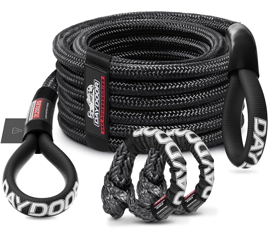 Black DAYDOOR recovery tow rope kit, 7/16 inch by 30 feet, coiled.