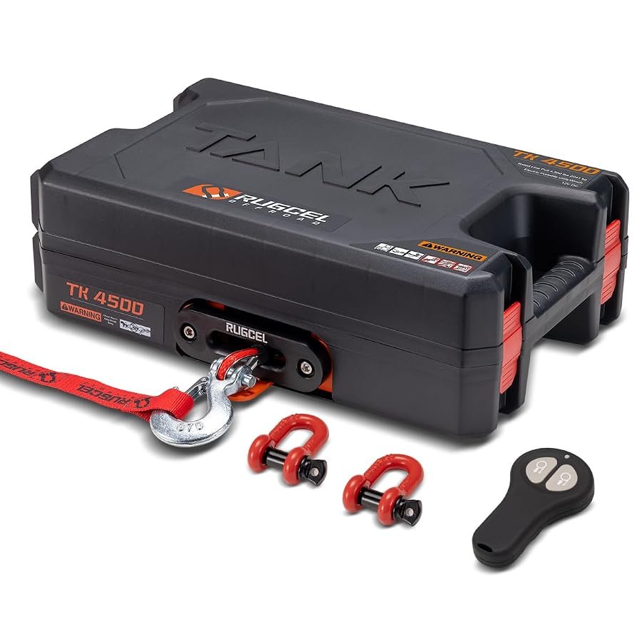RUGCEL 4500 lb 12V utility winch with synthetic rope, hawse fairlead and plate.