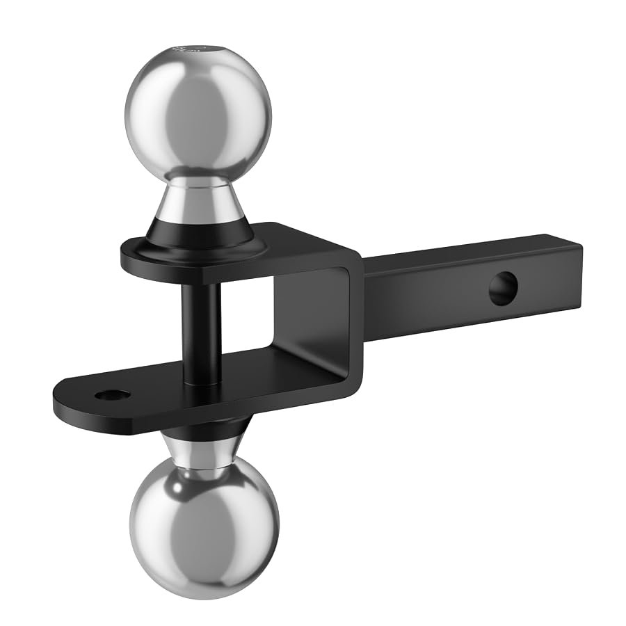 Matte black three in one ATV hitch with 1-7/8 inch and 2 inch balls and pin.