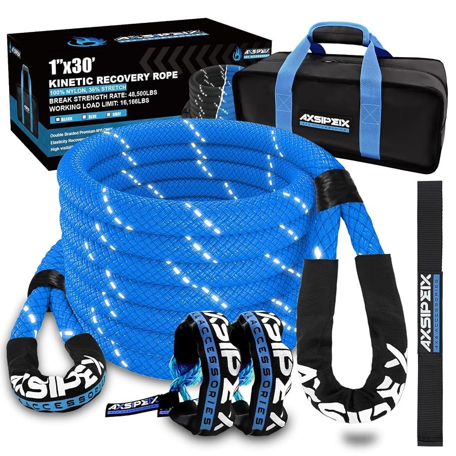 Blue kinetic recovery rope, 1 inch by 30 feet, with two soft shackles.