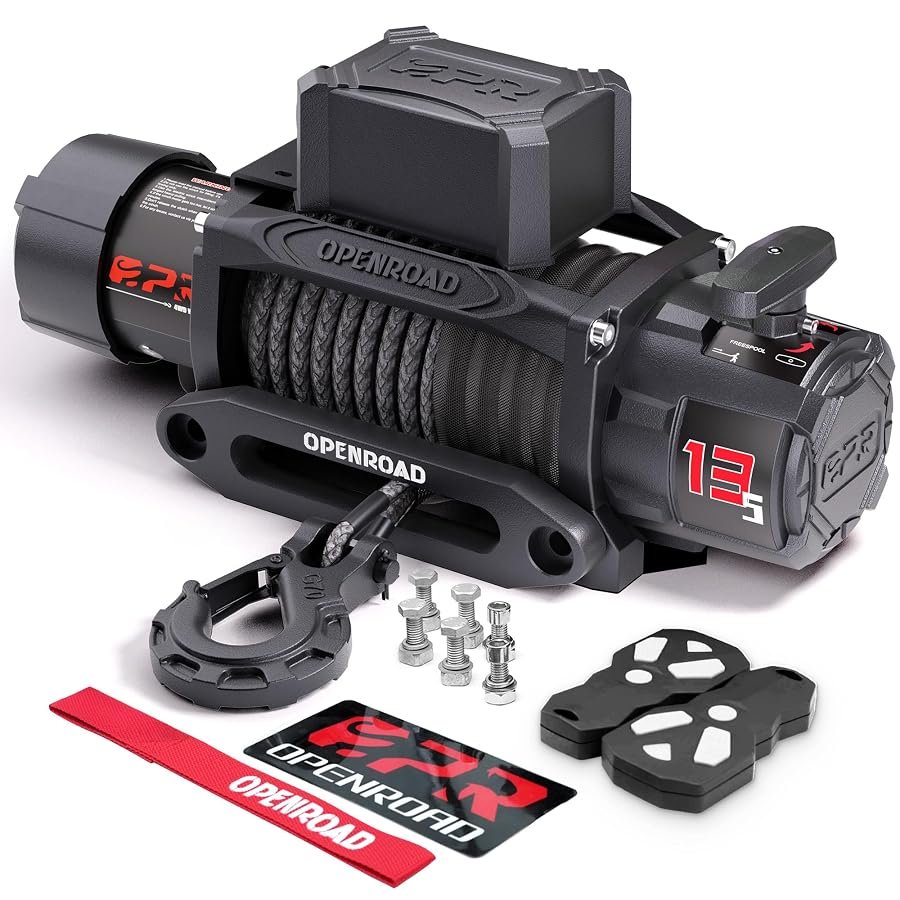 OPENROAD Panther 13500 lb truck winch with synthetic rope and two wireless remotes.