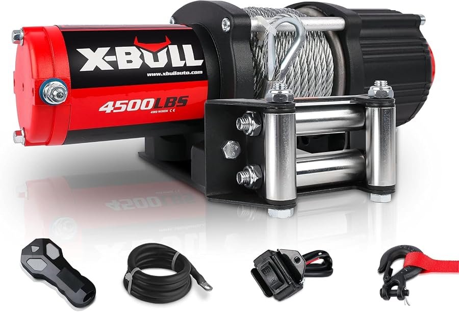 X-BULL 4500 lb electric winch with steel cable, roller fairlead and wired handle.