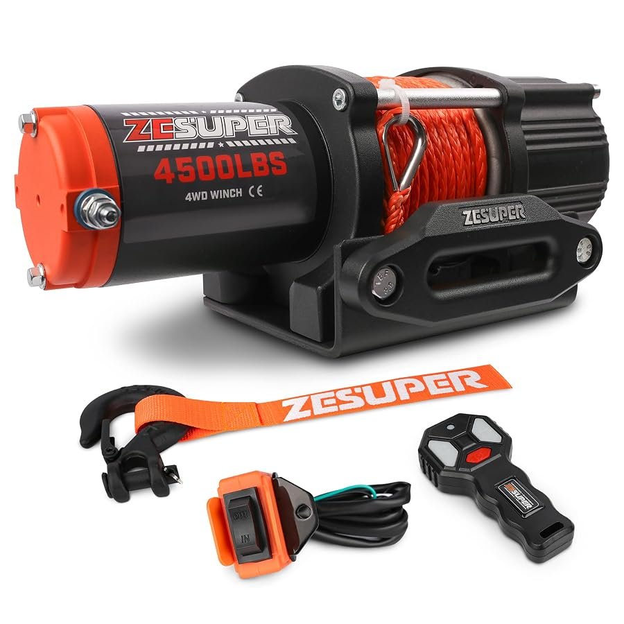 ZESUPER 4500 lb 12V waterproof electric winch with drum, fairlead and hook.