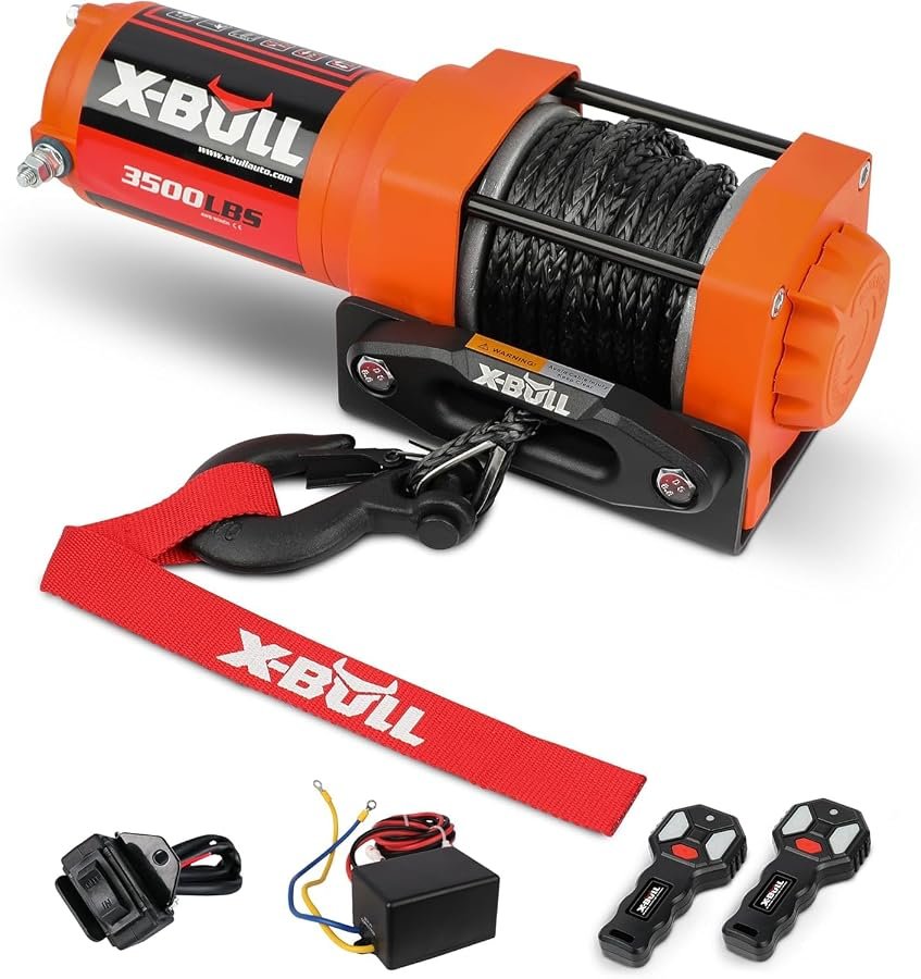 X-BULL 3500 lb 12V electric winch with synthetic rope and mounting bracket.