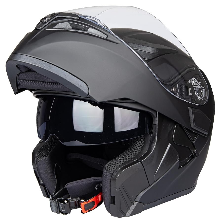 Matte black modular flip-up motorcycle helmet with clear visor