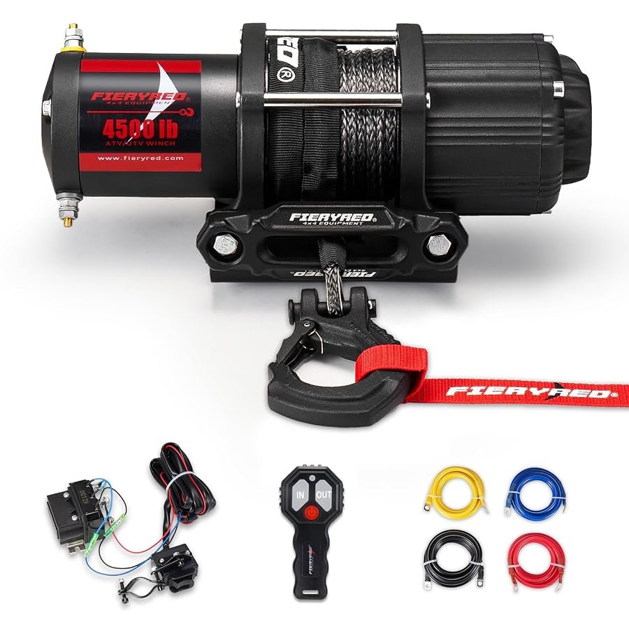 FieryRed 4500 lb 12V ATV winch kit with synthetic rope, remote and mounting bracket.