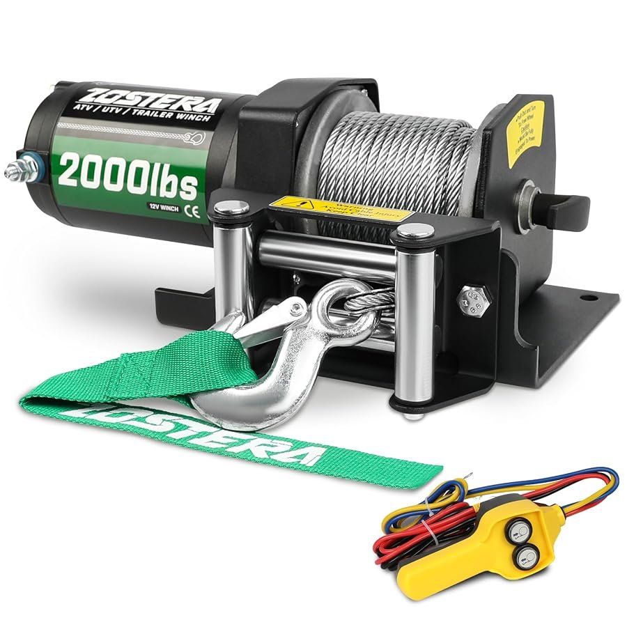 Zostera 2000 lb ATV winch with steel cable, roller fairlead, mounting plate and hook.
