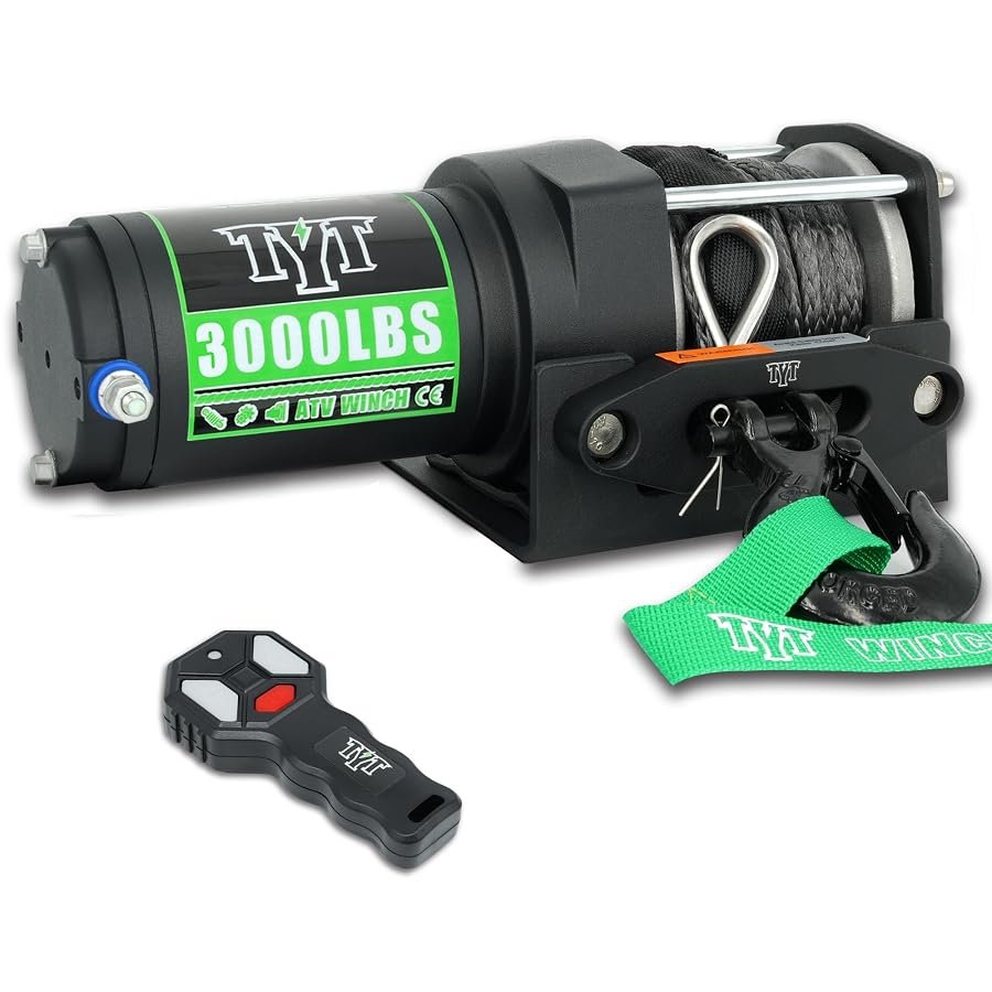 TYT 3000 lb 12V ATV winch with synthetic rope, fairlead, mounting plate and remote.